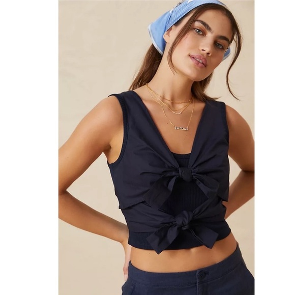 Anthropologie || Sunday in Brooklyn Bow Front Tank Top Ribbed Navy Small NWT - Picture 1 of 9